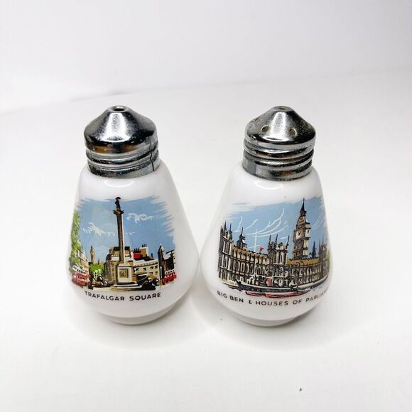 Vintage London Souvenir Milk Glass Salt Pepper Shakers Big Ben Trafalgar Square - Picture 2 of 6